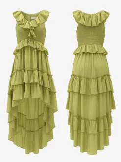 Robe d'été bohème à volants asymétrique pour femme - Robe midi fluide à volants col en V smocké sans manches - Idéale pour les vacances d'été à la plage 2026