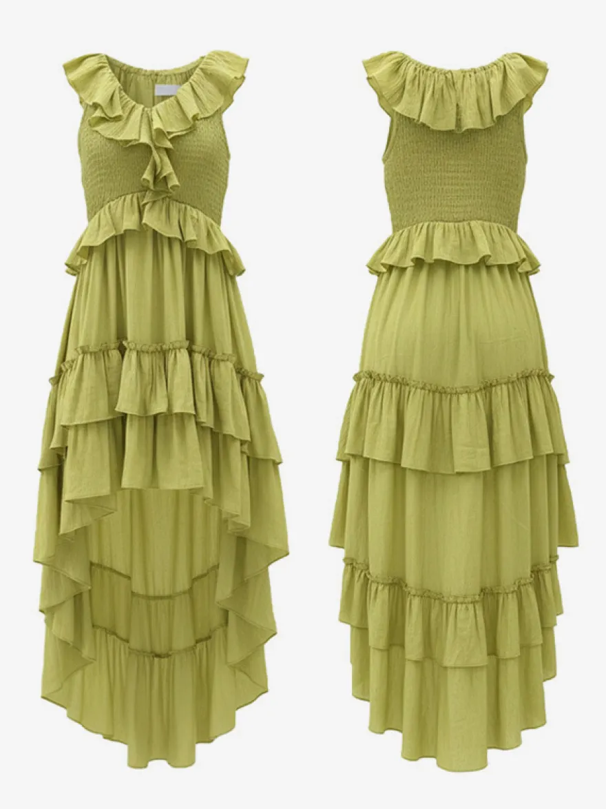 Robe d'été bohème à volants asymétrique pour femme - Robe midi fluide à volants col en V smocké sans manches - Idéale pour les vacances d'été à la plage 2026