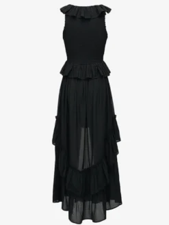 Robe d'été bohème à volants asymétrique pour femme - Robe midi fluide à volants col en V smocké sans manches - Idéale pour les vacances d'été à la plage 2026