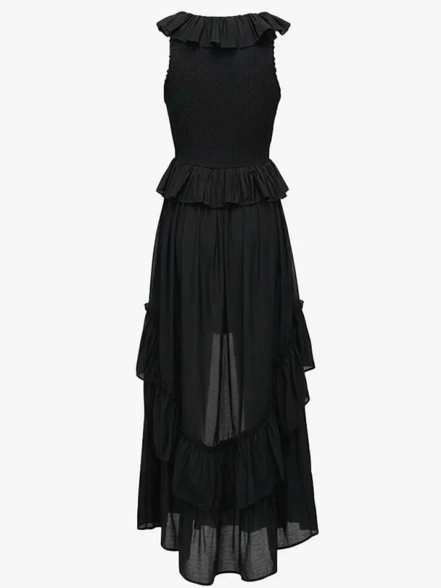 Robe d'été bohème à volants asymétrique pour femme - Robe midi fluide à volants col en V smocké sans manches - Idéale pour les vacances d'été à la plage 2026