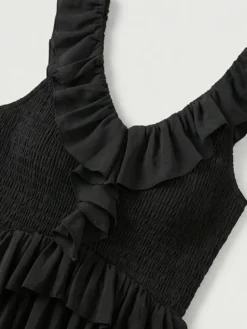 Robe d'été bohème à volants asymétrique pour femme - Robe midi fluide à volants col en V smocké sans manches - Idéale pour les vacances d'été à la plage 2026