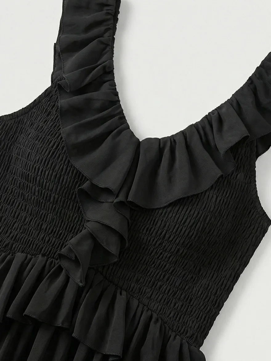 Robe d'été bohème à volants asymétrique pour femme - Robe midi fluide à volants col en V smocké sans manches - Idéale pour les vacances d'été à la plage 2026