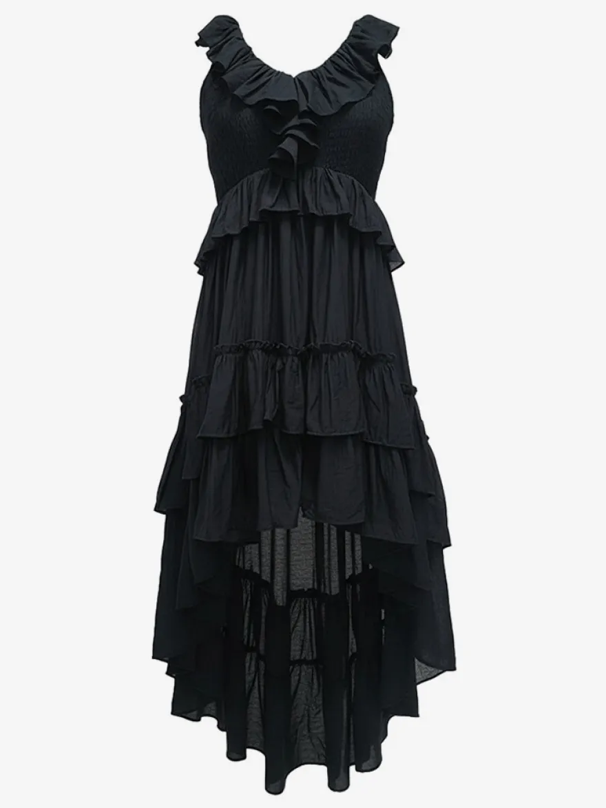Robe d'été bohème à volants asymétrique pour femme - Robe midi fluide à volants col en V smocké sans manches - Idéale pour les vacances d'été à la plage 2026