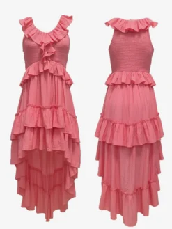 Robe d'été bohème à volants asymétrique pour femme - Robe midi fluide à volants col en V smocké sans manches - Idéale pour les vacances d'été à la plage 2026