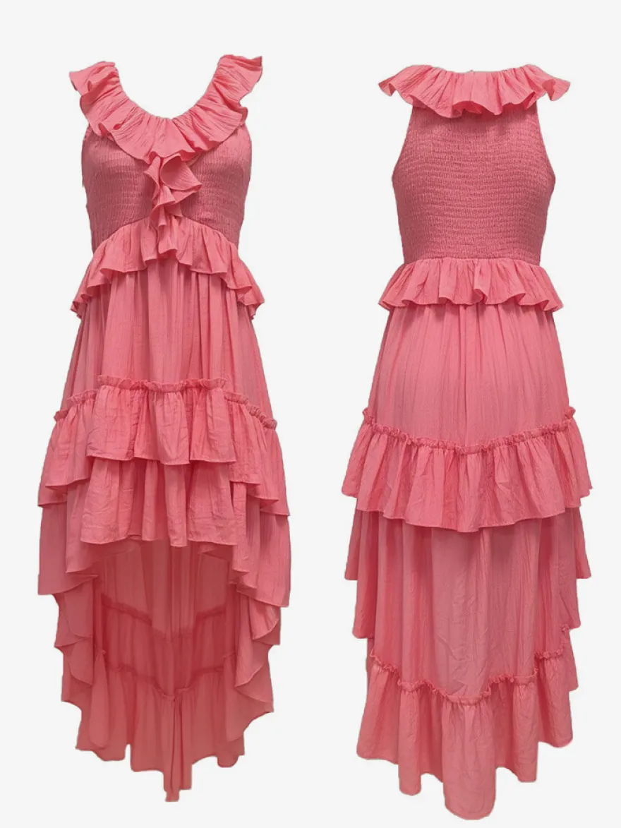 Robe d'été bohème à volants asymétrique pour femme - Robe midi fluide à volants col en V smocké sans manches - Idéale pour les vacances d'été à la plage 2026