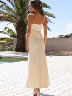Robe d'été bretelles cou fendu devant haute fente beige longue robe de bal