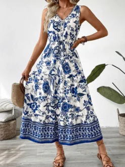 Robe d'été chic bleu marine mi-longue sans manches et bustier à col V