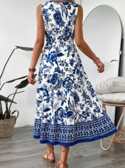 Robe d'été chic bleu marine mi-longue sans manches et bustier à col V