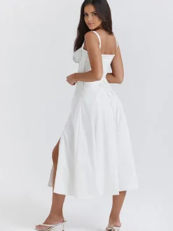 Robe D'Été Fendue Unicolore À Bretelles Col Chic À Lacets Robe Mi-Longue Simple