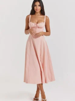 Robe D'Été Fendue Unicolore À Bretelles Col Chic À Lacets Robe Mi-Longue Simple