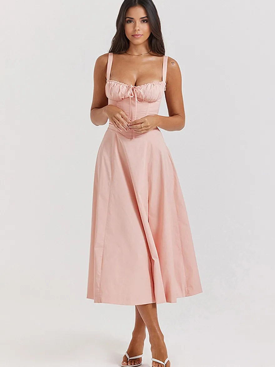 Robe D'Été Fendue Unicolore À Bretelles Col Chic À Lacets Robe Mi-Longue Simple