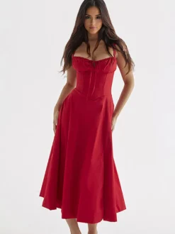 Robe D'Été Fendue Unicolore À Bretelles Col Chic À Lacets Robe Mi-Longue Simple