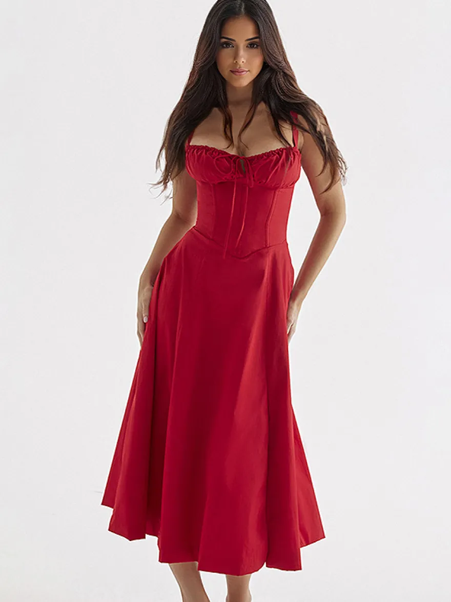 Robe D'Été Fendue Unicolore À Bretelles Col Chic À Lacets Robe Mi-Longue Simple