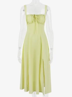Robe D'Été Fendue Unicolore À Bretelles Col Chic À Lacets Robe Mi-Longue Simple