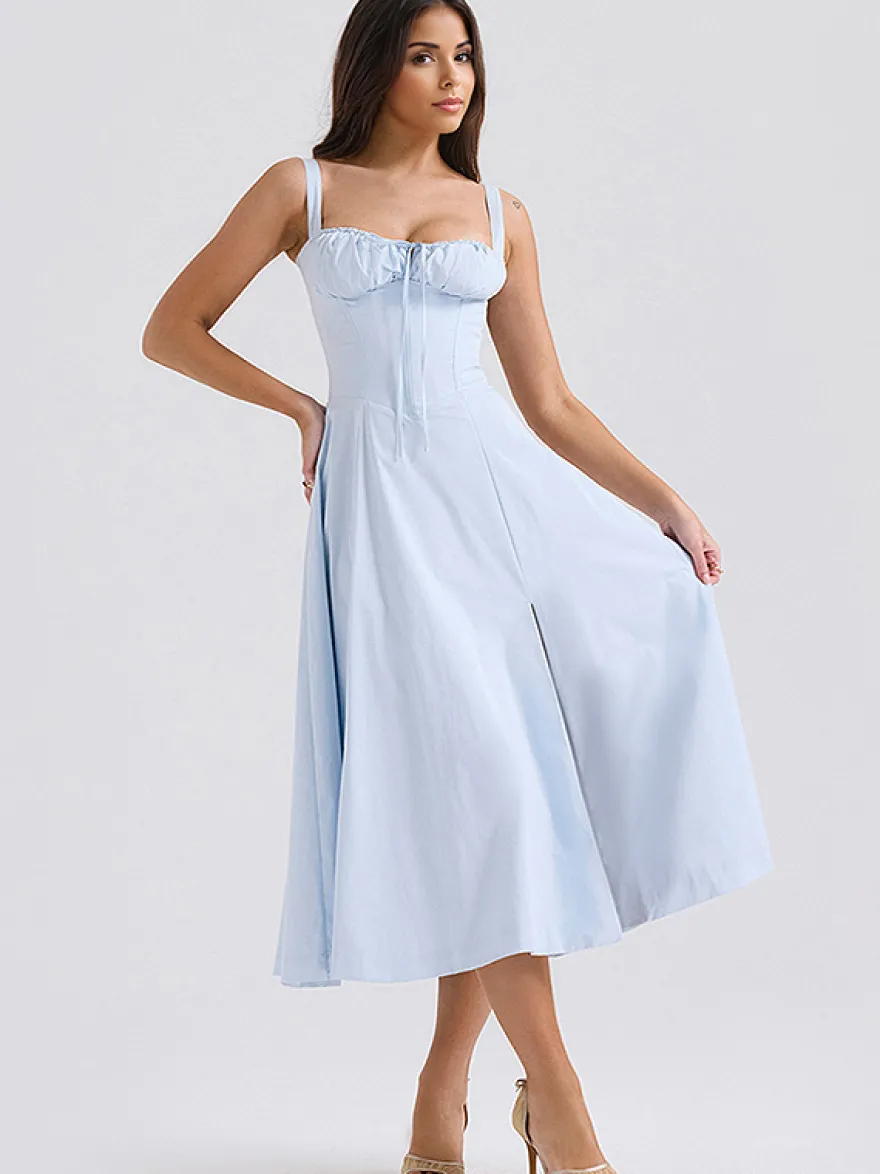 Robe D'Été Fendue Unicolore À Bretelles Col Chic À Lacets Robe Mi-Longue Simple