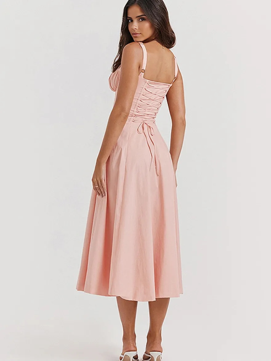 Robe D'Été Fendue Unicolore À Bretelles Col Chic À Lacets Robe Mi-Longue Simple