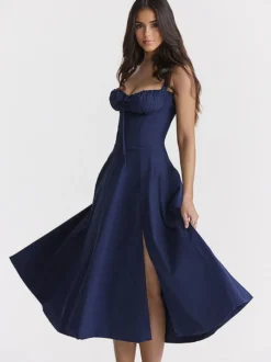 Robe D'Été Fendue Unicolore À Bretelles Col Chic À Lacets Robe Mi-Longue Simple