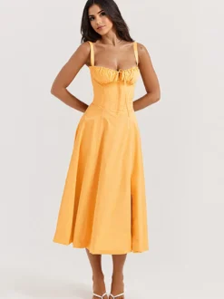 Robe D'Été Fendue Unicolore À Bretelles Col Chic À Lacets Robe Mi-Longue Simple