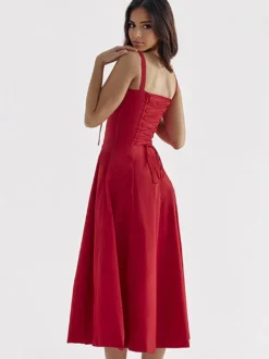 Robe D'Été Fendue Unicolore À Bretelles Col Chic À Lacets Robe Mi-Longue Simple