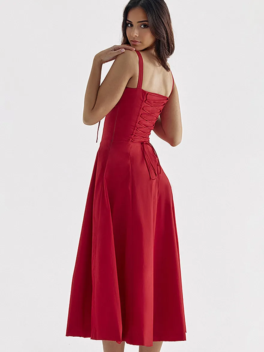 Robe D'Été Fendue Unicolore À Bretelles Col Chic À Lacets Robe Mi-Longue Simple