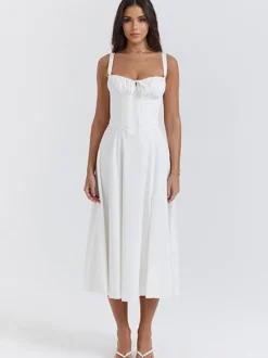 Robe D'Été Fendue Unicolore À Bretelles Col Chic À Lacets Robe Mi-Longue Simple