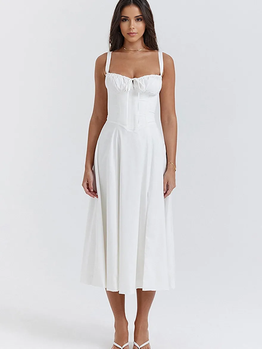 Robe D'Été Fendue Unicolore À Bretelles Col Chic À Lacets Robe Mi-Longue Simple