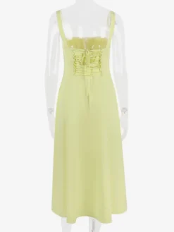 Robe D'Été Fendue Unicolore À Bretelles Col Chic À Lacets Robe Mi-Longue Simple