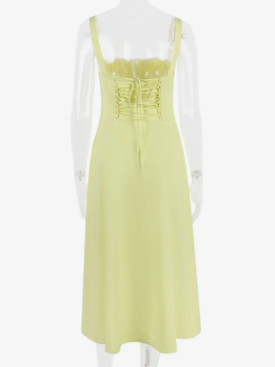 Robe D'Été Fendue Unicolore À Bretelles Col Chic À Lacets Robe Mi-Longue Simple