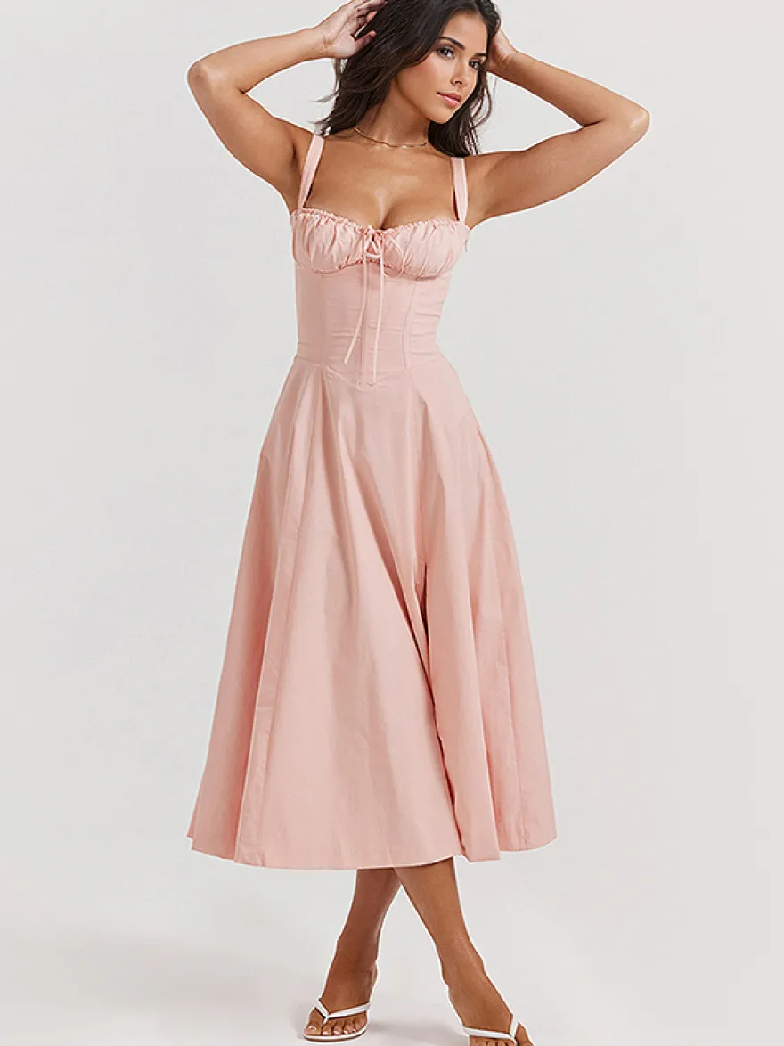 Robe D'Été Fendue Unicolore À Bretelles Col Chic À Lacets Robe Mi-Longue Simple