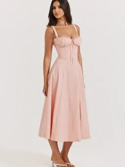 Robe D'Été Fendue Unicolore À Bretelles Col Chic À Lacets Robe Mi-Longue Simple