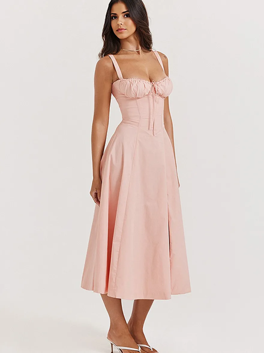 Robe D'Été Fendue Unicolore À Bretelles Col Chic À Lacets Robe Mi-Longue Simple