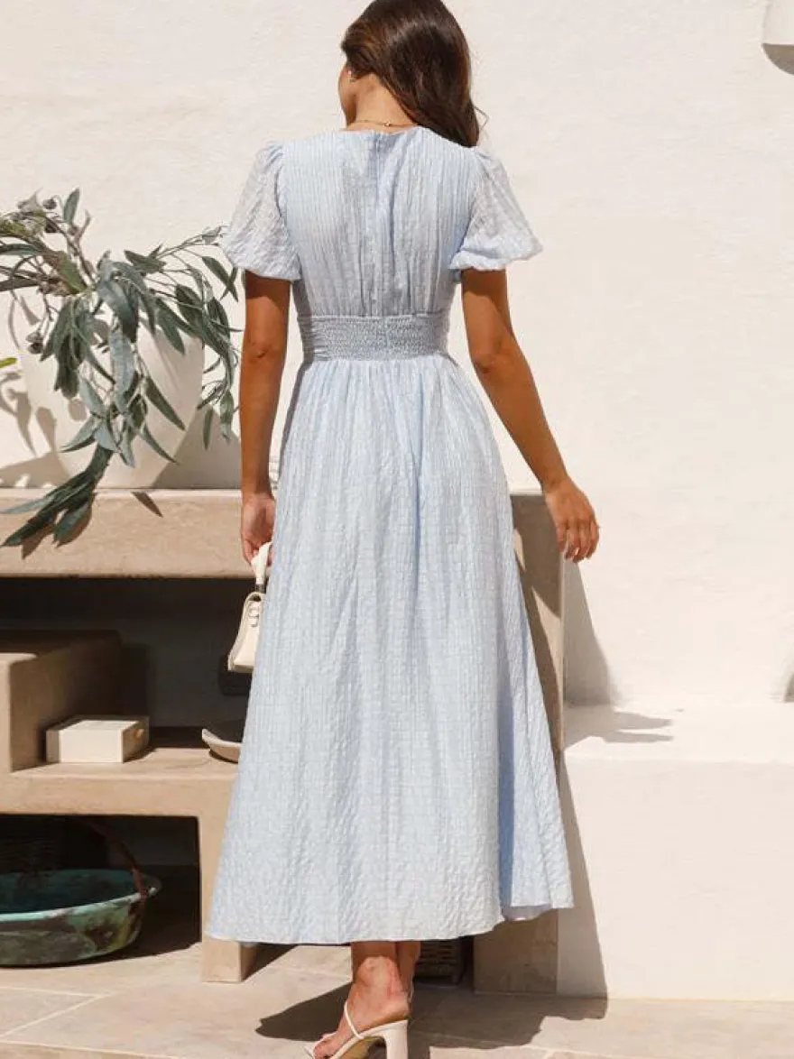 Robe d'été jaune beurre à manches bouffantes et décolleté plongeant robe longue décontractée d'été 2026