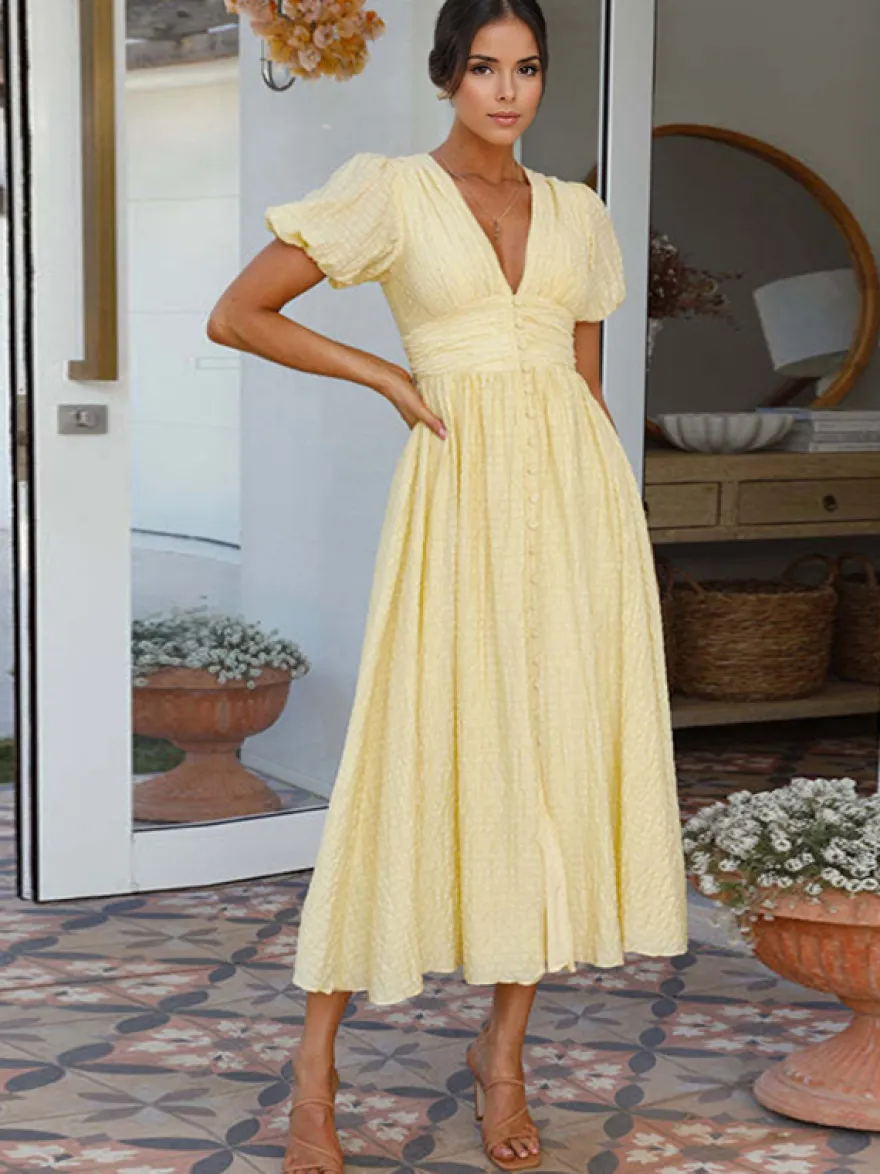 Robe d'été jaune beurre à manches bouffantes et décolleté plongeant robe longue décontractée d'été 2026