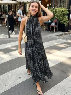 Robe d'été maxi noire à pois sans manches dos nu et col halter pour femme Daily Dresses