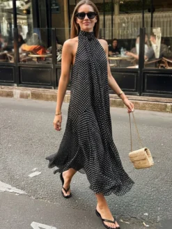 Robe d'été maxi noire à pois sans manches dos nu et col halter pour femme Daily Dresses