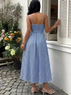 Robe d'été midi à bretelles spaghetti bleu et blanc débardeur à bretelles torsadées dos élastique fluide