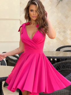 Robe d'été Mini-robe Rose Col en V À Lacets Robe de Plage en Polyester
