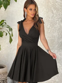 Robe d'été Mini-robe Rose Col en V À Lacets Robe de Plage en Polyester