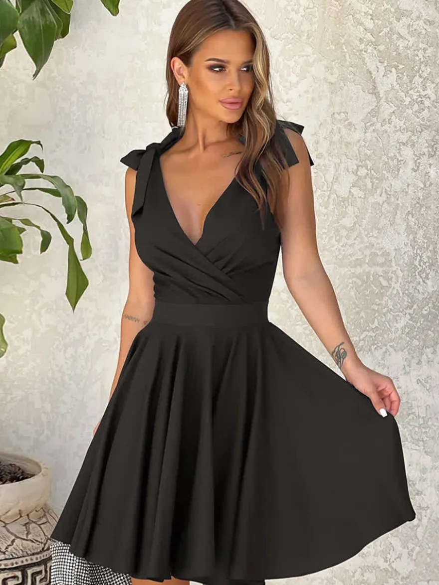 Robe d'été Mini-robe Rose Col en V À Lacets Robe de Plage en Polyester
