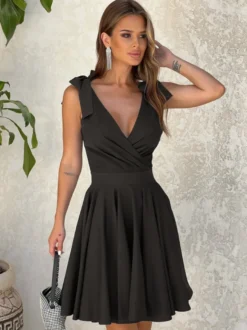 Robe d'été Mini-robe Rose Col en V À Lacets Robe de Plage en Polyester