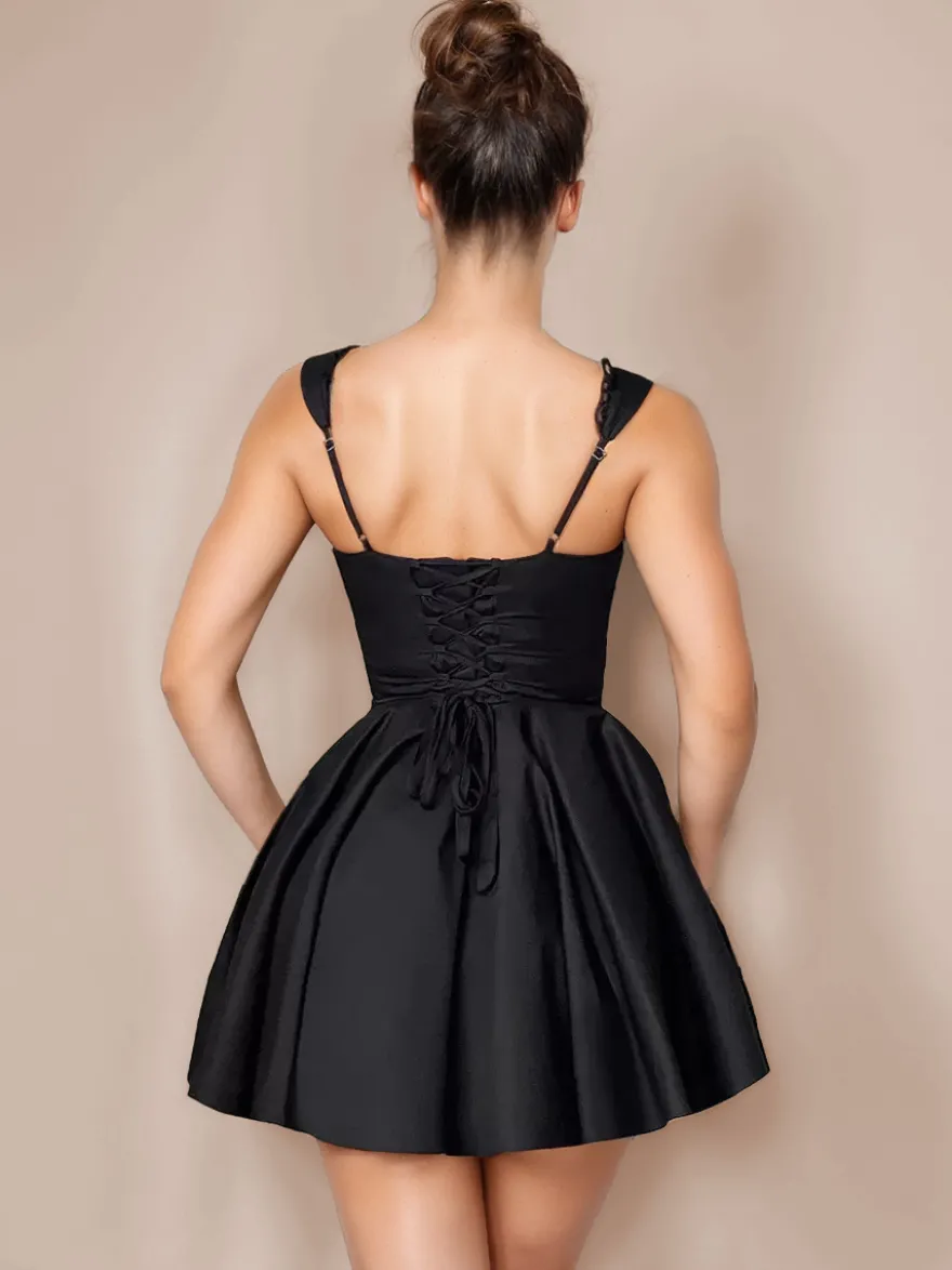 Robe D'Été Mini Robes Noir Col En Cœur Dentelle Polyester Robe De Plage Courte Sexy