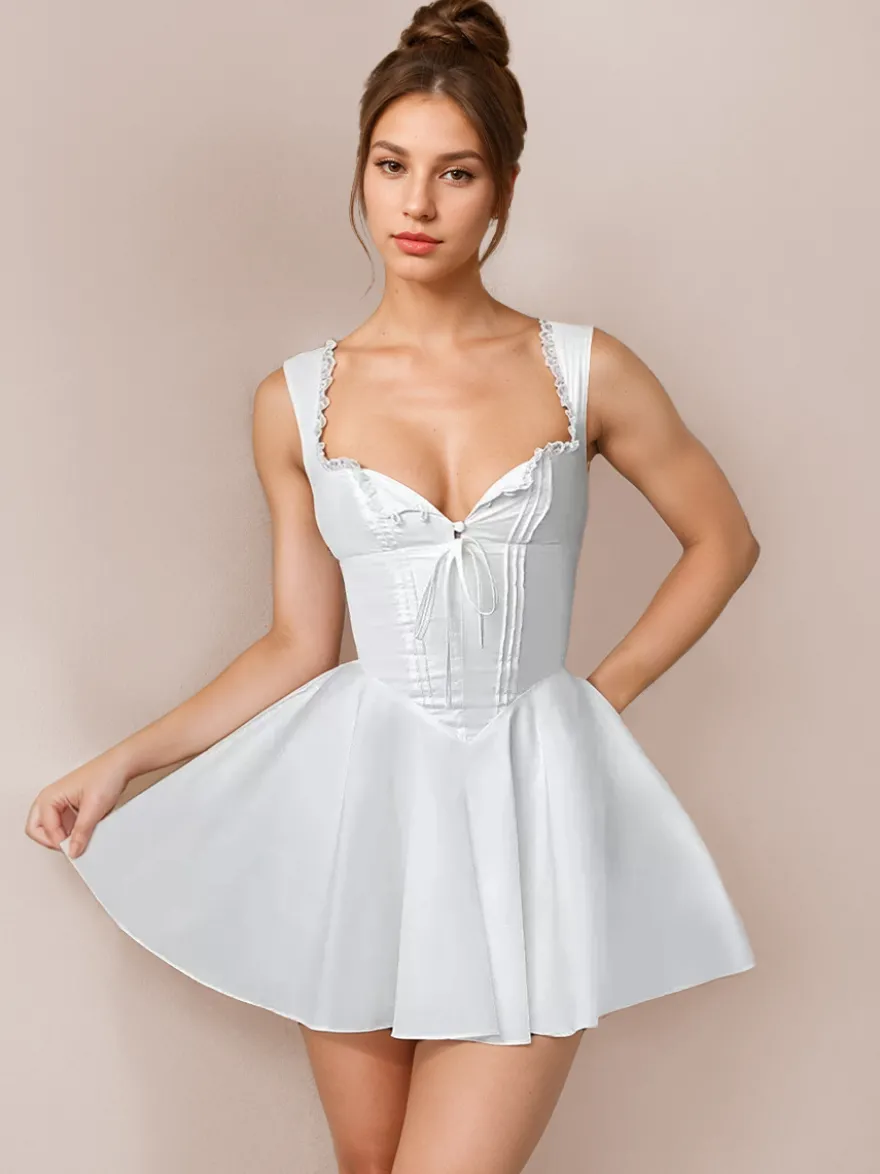 Robe D'Été Mini Robes Noir Col En Cœur Dentelle Polyester Robe De Plage Courte Sexy