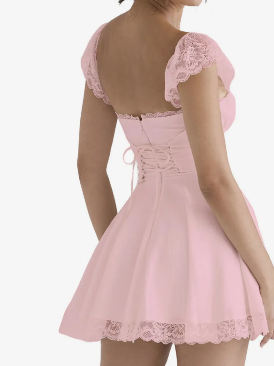 Robe d'été noire décontractée mini-robe en dentelle sans manches à bretelles col montant style mini.