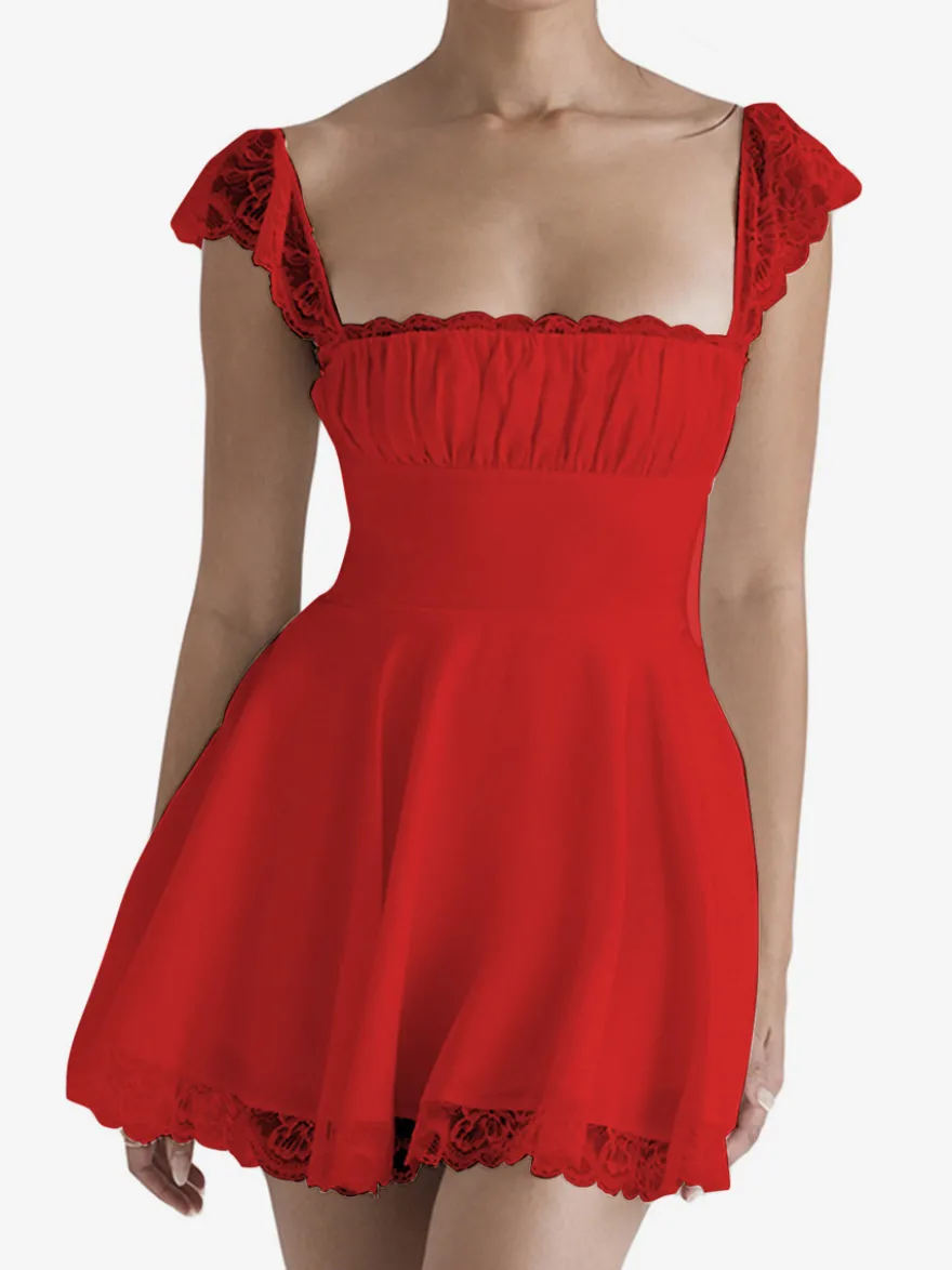 Robe d'été noire décontractée mini-robe en dentelle sans manches à bretelles col montant style mini.