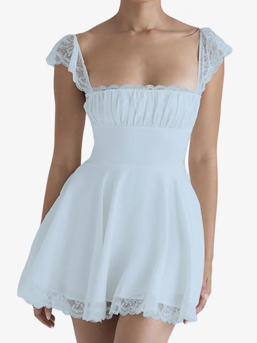 Robe d'été noire décontractée mini-robe en dentelle sans manches à bretelles col montant style mini.