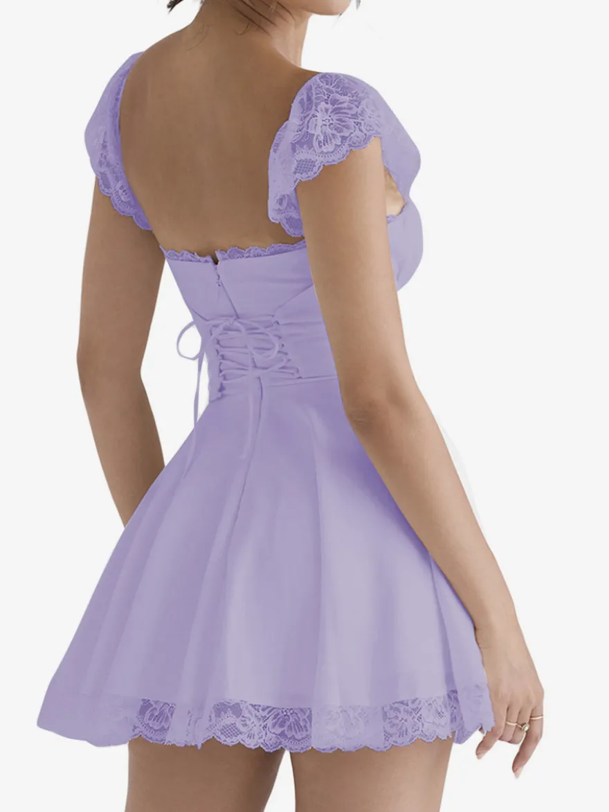 Robe d'été noire décontractée mini-robe en dentelle sans manches à bretelles col montant style mini.