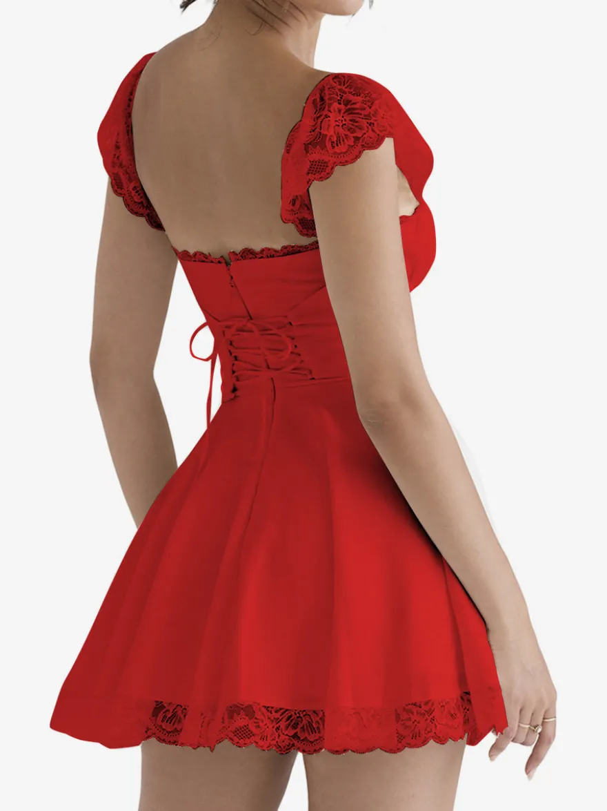 Robe d'été noire décontractée mini-robe en dentelle sans manches à bretelles col montant style mini.