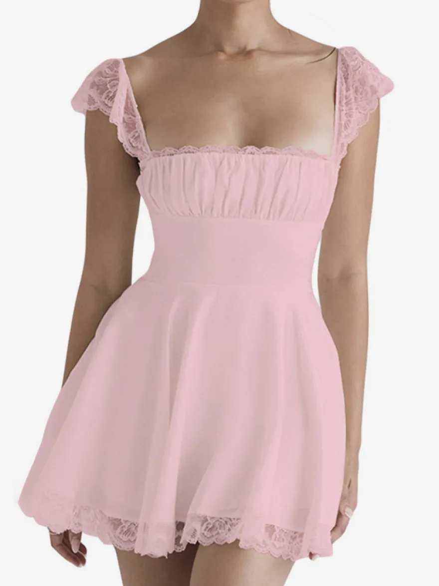 Robe d'été noire décontractée mini-robe en dentelle sans manches à bretelles col montant style mini.