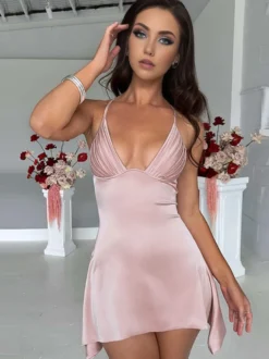 Robe D'été Sexy Col En V Plissé Dos Nu Rose Minirobe Robe De Plage