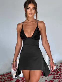 Robe D'été Sexy Col En V Plissé Dos Nu Rose Minirobe Robe De Plage